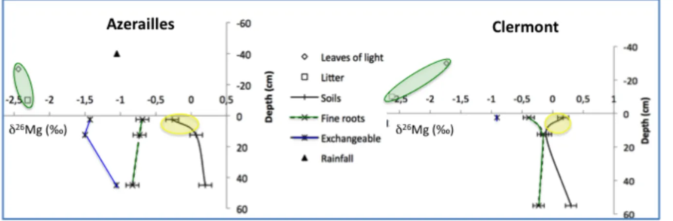 Figure   2   :      Mg   isotopic   composition   measured   in   soil   (bulk   and   exchangeable   stores),   rainwater   and   trees   at   the    Azerailles   and   Clermont-­‐en-­‐Argonne   exprimental   sites