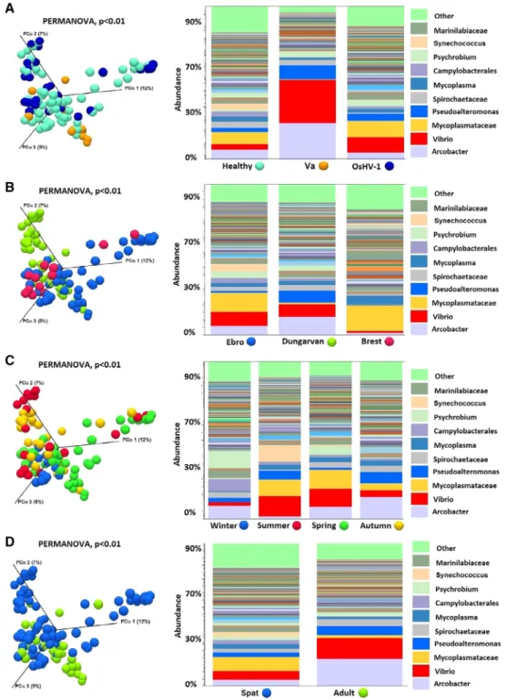 Fig. 2. Comparative analysis of C. gigas microbiota (Beta diversity analysis) under different conditions: health status (A), geographic location (B), season (C) and animal age (D) (Va, Vibrio aestuarianus-infected oysters; OshV1, Ostreid herpesvirus 1-infe