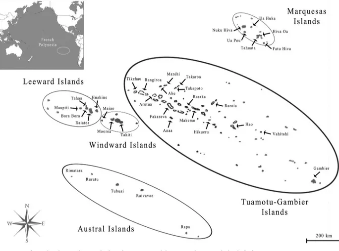 Fig 1. Map of French Polynesia showing the five administrative subdivisions and associated islands