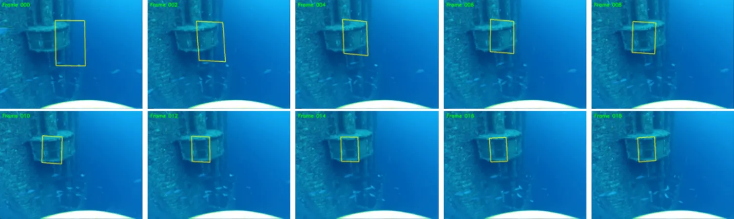 Fig. 3. Video sequence ]1 (offline validation). Fast convergence of the image homography estimates to the real ones (less than 0.3s), which can be appreciated by the positions of the yellow quadrangle (i.e