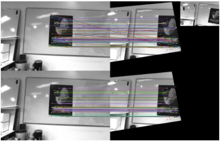 Fig. 2. Matching point correspondences between the warped image frame 264 (warped by the predicted homography) and the reference frame