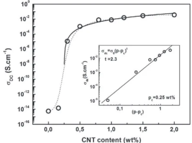 Fig. 1. Electrical dc conductivity of the DWNTs/PEEK composites as a function of CNTs weight fraction