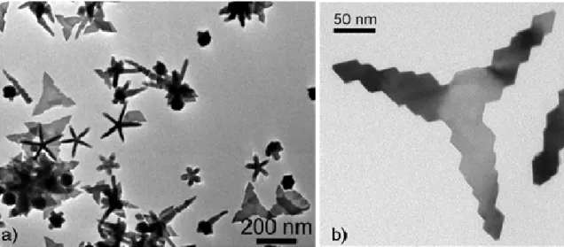 Figure S6 : TEM images of Pt NPs obtained after 32h at 150°C, 3bars H 2 , [Pt] = 2mM. a) general view and high magnification  images of b) 3-fold star