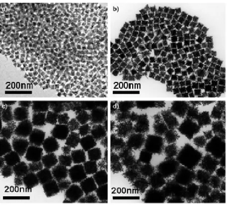 Figure S4 : TEM images of cubic dendrites obtained at 150°C, 3bars H 2 , [Pt] = 10mM after different reaction times : a) 10min,  b) 20min, c) 1h and d) 6h of reaction
