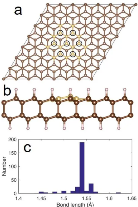 Figure 3: (a) Top view of the reconstructed unsaturated structure, with 7 missing hydrogen atoms  on the top layer (position of the missing H atoms is given by the black circles, and  (b) side view