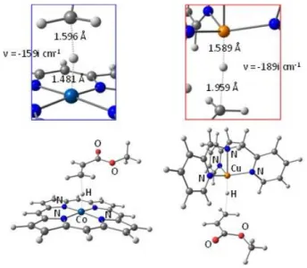 Figure 6. Optimized geometries of the β-H atom transfer transition state and  close-up of the C∙∙∙H∙∙∙Mt moiety for the [Co(porphyrin)] (left) and [Cu(TPMA)] + (right) systems