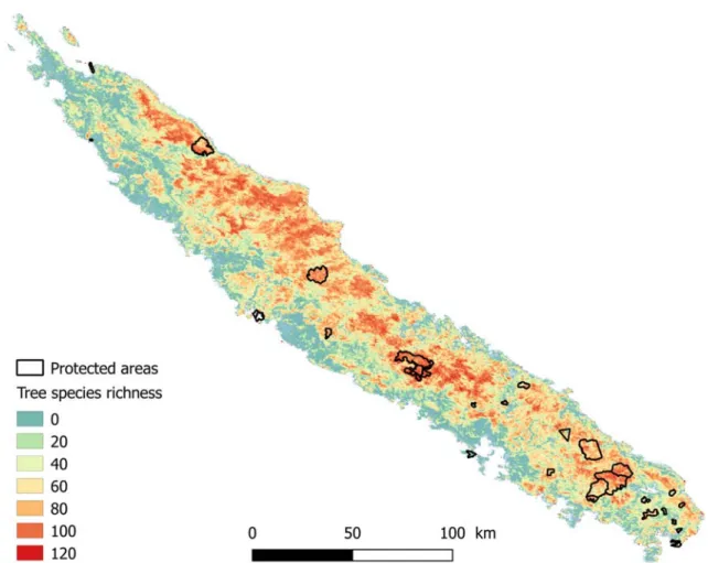 Figure  5. Species richness of trees with dbh ≥ 10 cm predicted from a single carefully selected scene  (days 245 to 252 of 2004) and the protected area network in New Caledonia. 