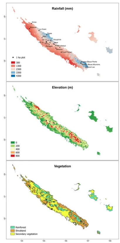 Figure 1. Geographical and environmental distributions of the 19 one hectare plots used to examine  the NDVI‐tree species richness relationship in New Caledonia. 