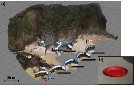Figure 3. (a) Studied portion of the Porsmilin western cliff face and configuration of the Ground  Control Points (GCPs) for the comparison of the different smartphones