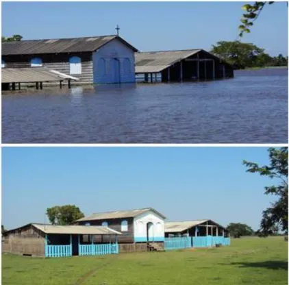 Figura 2: Inundação na Vila do Torrão do Papa Terra, região do Lago Grande do Curuai. Acima, imagem de maio de 2014, período da cheia; abaixo, imagem de novembro de 2014.