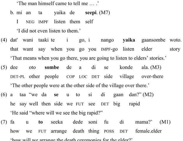 Table 5: Frequency distribution of ‘distinctive’ lexical items in the 2013 recordings  Tape  me-me(i)ki  meki (EMC-SR)  mbei (SM)  dolu  doo (EMC) dou (SM)  seepi   seefi (EMC) seei (SM)  se   naase (SM)  to o   sombe  sembe (SM) suma (SR)  M4  17-18/1/0  