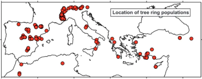 Fig. 1. Map of the tree-ring sites used to reconstruct the PDSI.