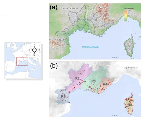 Figure 1: The domain of the analysis in southeastern France including a) the administrative borders  and the main topographical features and b) fire zonation and geographical location of large fires  (&gt;120 ha) for the period from 1973 to 2013.