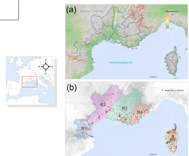 Figure 1: The domain of the analysis in southeastern France including a) the administrative borders  and the main topographical features and b) fire zonation and geographical location of large fires  (>120 ha) for the period from 1973 to 2013.