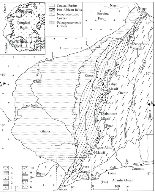 Figure 1: Schematic geological map with the “Stable Zone” (comprising the southeastern margin of the West african craton and its cover represented by the Volta Basin) and the Pan-African “Mobile Zone” (i.e., the frontal structural units of the Pan-African 