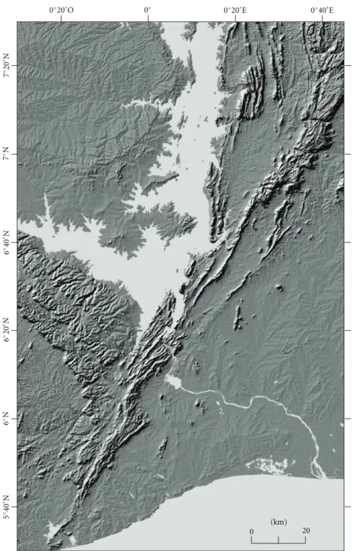 Figure 3: Satellite cover (MNT image) of southeast Ghana highlighting the juxtaposition of two highly contrasting morphostructural domains corresponding to the Pan-African Mobile Zone to the East and the Stable Zone (WAC and Volta Basin) to the West.