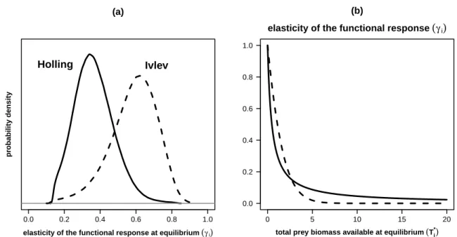 Figure 4. Elasticity of the functional response: estimated density in food webs reaching a positive equilibrium (a) and as a function of total prey biomass available (b) with Holling’s (plain) or Ivlev’s (dashed) functional response