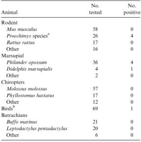 Table 3. Results of serologic testing for Coxiella bur- bur-netii in wild animals captured in French Guiana,  Septem-ber 1997 through SeptemSeptem-ber 2000.