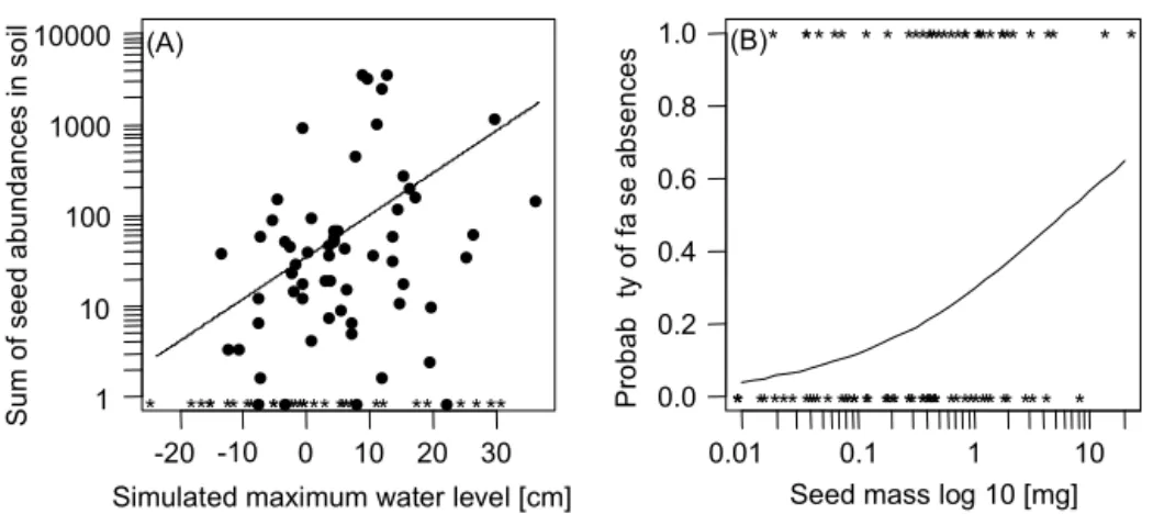 Fig 1. Abundance of a species seeds in the soil on its mean simulated water level. (A) Observed (dots, stars for zeros) and fitted counts according to a zero-inflated negative binomial model using seed size as covariate (abundance, straight line, p = 0.006