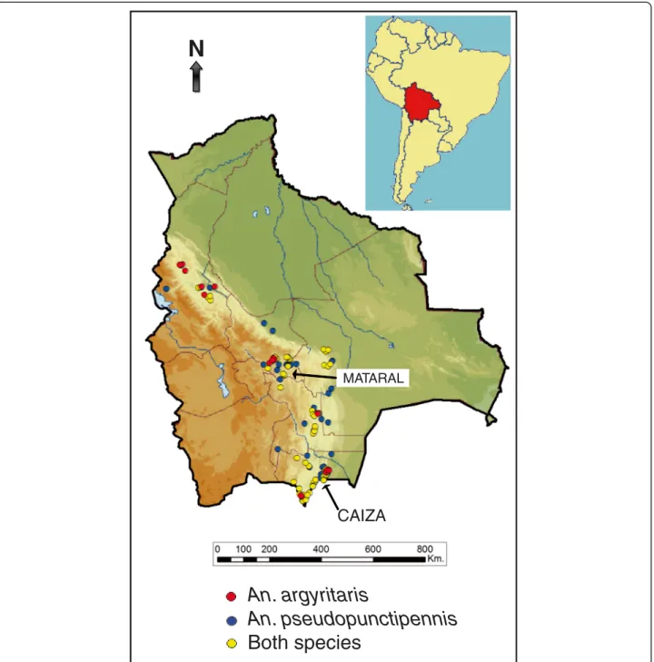 Figure 1 Localization of mosquito sampling stations for Anopheles pseudopunctipennis and Anopheles argyritarsis in Bolivia