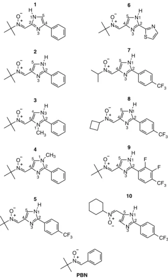Figure 1. Structure of the imidazolyl nitrones: 1, (Z) a [4 phenyl 1H imidazol 2 yl] N tert butyl nitrone; 2, (Z) a (2 phenyl 1 H imidazol 4 yl) N tert butyl nitrone; 3, (Z) a [1 methyl 2 phenyl 1H imidazol 5 yl] N tert butyl nitrone; 4, (Z) a [3 methyl 2 
