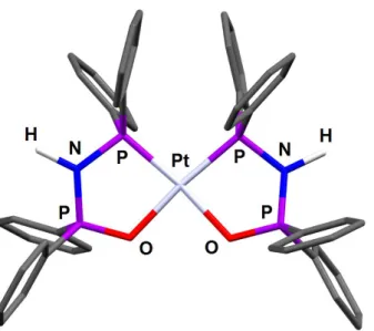 Figure 2. Solid-state structure of the complex cis-[Pt{(DPPA-O)-P,O} 2 ][BF 4 ] 2  (13)
