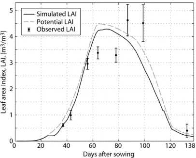 Figure 10: Observed and predicted leaf area index, LAI, during the entire growing season of the Lavalette run