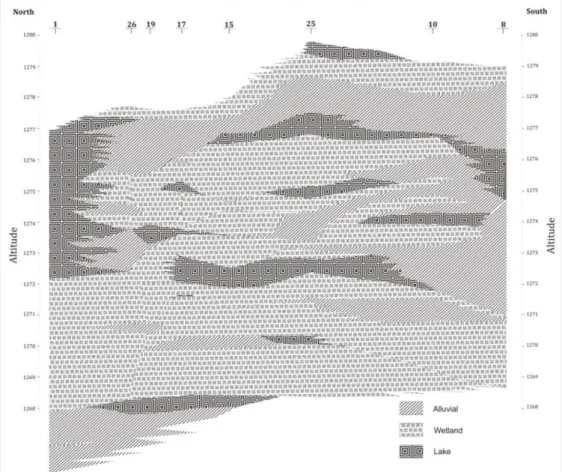 Fig. 6. Approximate consistency of sedimentary environments in the cores obtained from southern  wetlands (right to left: from south to north) 