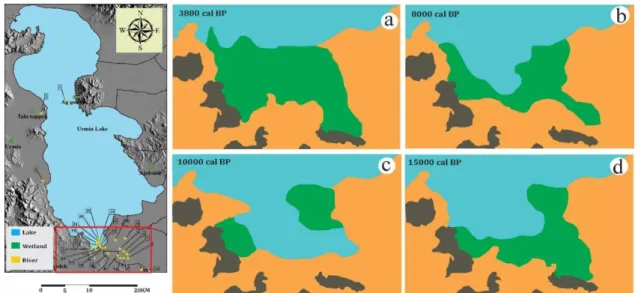 Fig. 7. Reconstruction of the sedimentary environments of the Kani Barazan and Solduz wetlands and  surrounding lands over the past 15,000 years 