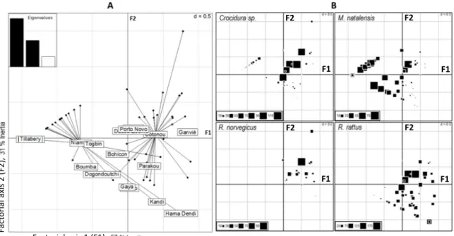 Figure 3. Factorial analysis results. A (left panel): factorial map of the two first axes of the factorial 