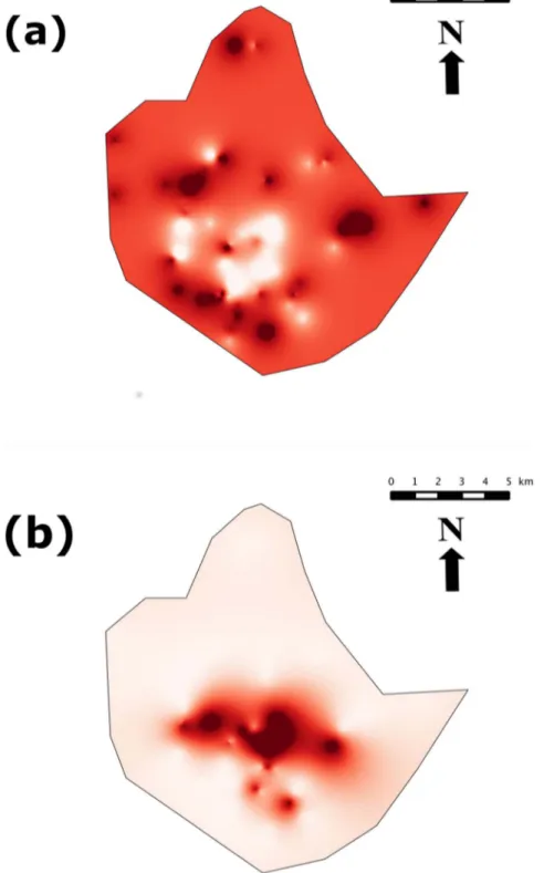 Figure 4. Indicator maps of M. natalensis (a) and R. rattus (b) spatial distribution across the city of Niamey (Niger)