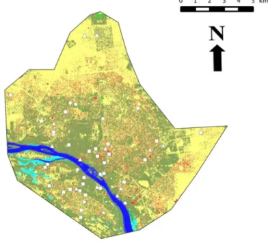 Figure 1. All trapping investigated localities within the city of Niamey (a): circles, squares and triangles indicate sites investigated through SP, OP and SP+OP protocols, respectively