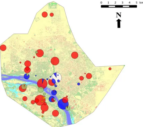 Figure 2. Spatial distribution of each of the seven species captured in Niamey. Each circle corresponds to one OP and/or SP trapping site (see Table 1 and Figure 1)