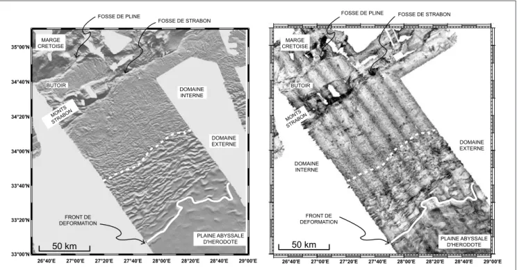 Fig. 4 – Bathymétrie (à gauche) et imagerie acoustique (à droite) du domaine oriental de la ride méditerranéenne