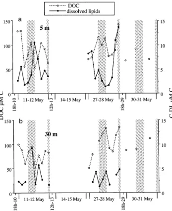 Fig. 7. Evolution of particulate organic carbon (POC) and par- par-ticulate carbon-lipids (C-PL) at (a) 5 m and (b) 30 m