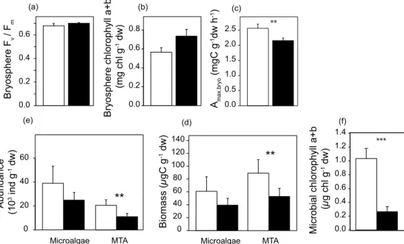 Figure 4.  Response of the bryosphere components (Sphagnum and associated mixotrophic testate  amoebae and microalgae) to full light (PPFD of 600  μ mol m −2  s −1 ) and dark treatments (no light)  in microcosms (mean ± SE)