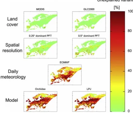 Figure 4. Effects of different model setups (alternative realizations) on the magnitude, spatial, and temporal pattern on GPP simulations over Europe