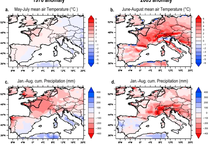 Figure 3. Mean ambient air temperature (May–July or June–August, °C) and cumulative precipitation (January – August, mm) forcing anomalies (relative to the 1972 – 2003 mean) in the contrasted years (a and c) 1976 and (b and d) 2003.