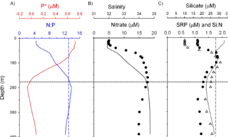 Figure 9. Vertical profiles of (a) the nitrate : SRP ratio (solid blue line; dashed blue line = drawdown ratio of 13.1) and P ∗ (solid red line), (b) salinity (solid line) and nitrate (circles), and (c) SRP (circles), silicate (triangles) and the Si : N ra