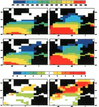 Figure  1.  top'  LGM  CLIMAP  [1981] SST (Fig  2a  and 2b); middle: new warm SST LGM  reconstruction  (Fig 2c and 2d); bottom: differences  between the two  reconstructions  (Fig 2e and 2f)