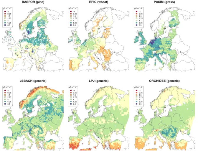 Figure 2. Average net primary productivity (NPP, g C m −2 d −1 ) for April to September in 1971–2000 for six different vegetation models.