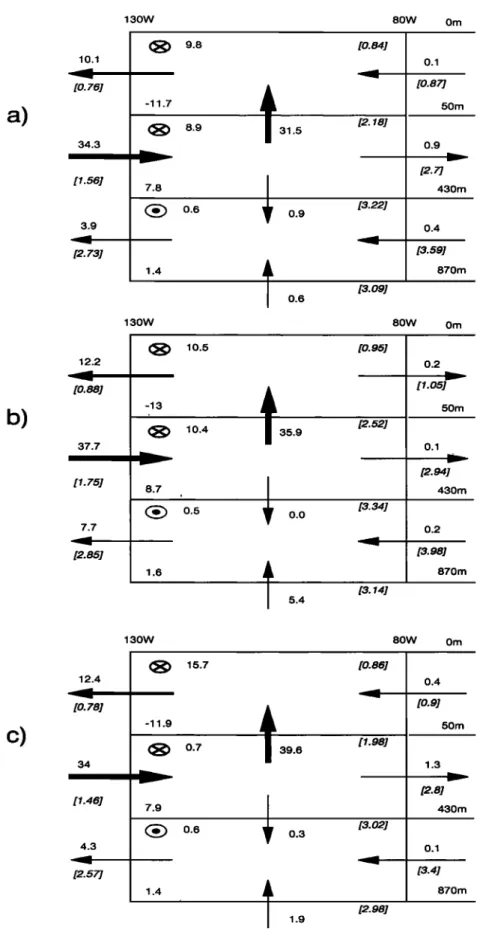 Figure  7.  Annual mean total  phosphorus  budget for the  upper 870 rn in  the eastern equato-  rial Pacific Ocean for (a)  the standard case, (b)  case HV,  and (c) case CVD