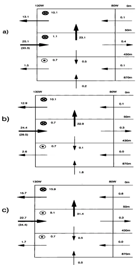 Figure  4.  Water mass budget in the upper eastern  equatorial  Pacific Ocean for (a) the standard  simulation in  OPA,  (b)  case HV,  and (c) case CVD