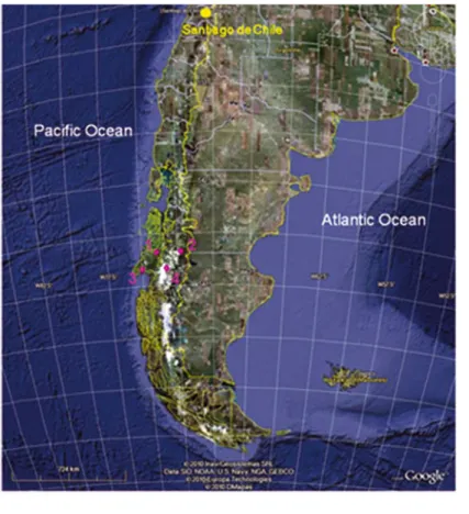 Fig. 1. (a) Picture from Google Earth showing southern South America with our studied zone (magenta zone)
