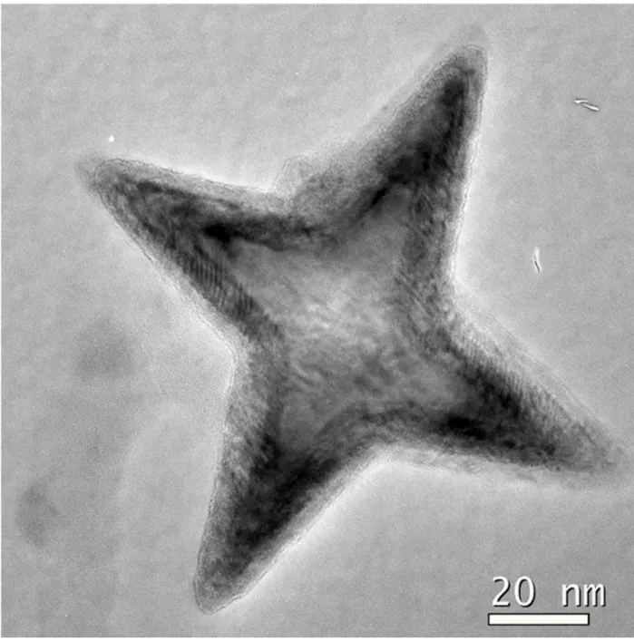 Figure S6. HRTEM image of individual nanostar oriented along &lt;001&gt; zone axis.  