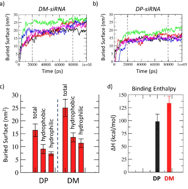 Figure  3.  Dendrimer-siRNA  buried  total  surface  vs.  time  curves,  calculated  for  5  repetitions  of  100  ns  long  MD  simulations  for  DM-siRNA  (a)  and  DP-siRNA  (b)