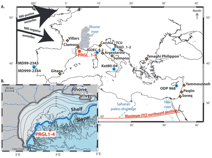 Figure 1 (A). Location of the main sites mentioned in the text, including our study site PRGL1-4 (red circle)  and Rhone river catchment area (blue line and grey area)
