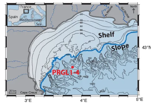 Figure  1:  Map  of  the  Gulf  of  Lion  with  the  position  of  the  PRGL1-4  core  (42.690N;  3.838E)