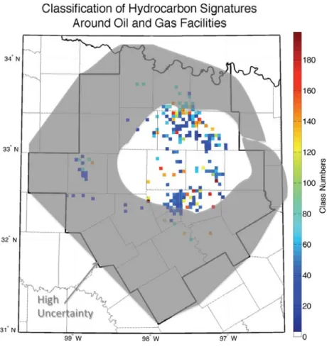 Fig. 3 The hydrocarbon classification grid for the grid cells that house active-permit oil and gas facilities during the hours of wind regime 2