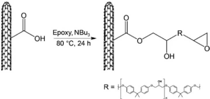 Fig. 2. (a) HRTEM micrograph, and (b) typical longitudinal slice through the reconstructed volume obtained by electron tomography for the chosen fragment of one of the epoxy grafted CNTs.